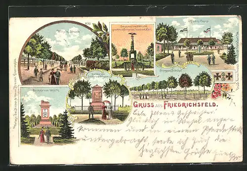 Lithographie Friedrichsfeld, Denkmal 1870 /71, Wilhelm-Strasse, Franzosen-Friedhof, Offiziers-Casino