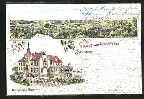 Lithographie Bredeney, Hotel Ruhestein, Besitzer Wilh. Hartmann, Totalansicht