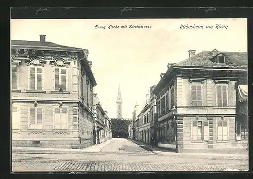 AK Rüdesheim / Rhein, evang. Kirche mit Kirchstrasse