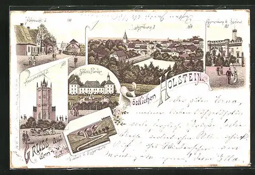 Lithographie Lütjenburg, Stadtpanorama, Schloss Panker, Viadukt, Hessenstein