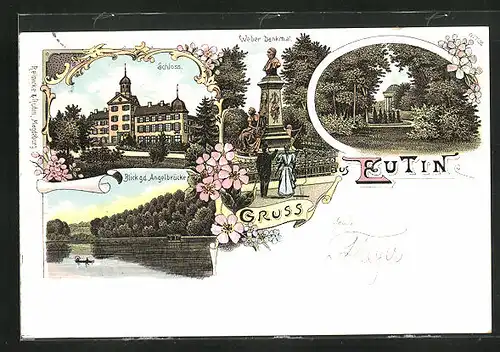 Lithographie Eutin, Angelbrücke, Schloss, Weber-Denkmal, Parkansicht