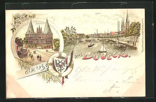 Lithographie Lübeck, Holstenthor, Hafenansicht