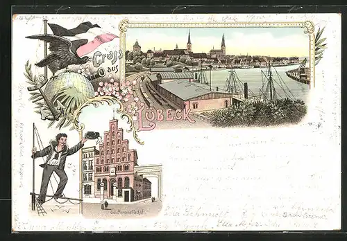 Lithographie Lübeck, Schiffergesellschaft, Matrose auf Segelmast stehend, Stadt mit Hafen