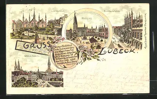 Lithographie Lübeck, Marktplatz, Breitestrasse mit Rathaus, Geibel-Denkmal, Lübeck vom Holstenthor gesehen