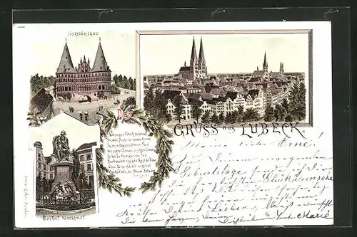 Lithographie Lübeck, Holstenthor, Geibel-Denkmal, Teilansicht mit Dom