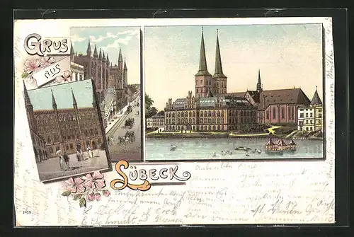 Lithographie Lübeck, Dom, Aussen- und Innenansichten