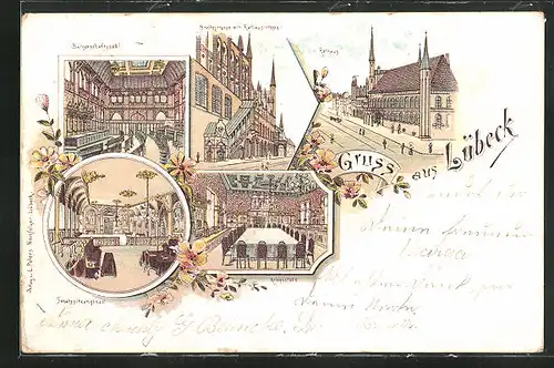 Lithographie Lübeck, Breitestrasse mit Rathaustreppe, Rathaus, Aussen- und Innenansichten