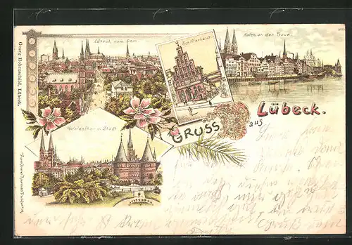 Lithographie Lübeck, Hafen an der Trave, Schifferhaus, Lübeck vom Dom aus gesehen
