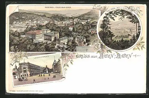 Lithographie Baden-Baden, Leopoldsplatz, Totale vom Schloss Solms gesehen