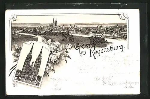 Lithographie Regensburg, Dom und Totalansicht