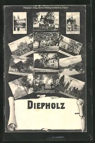 AK Diepholz, Ortsansichten mit Schloss, Bahnhof und Kriegerdenkmal