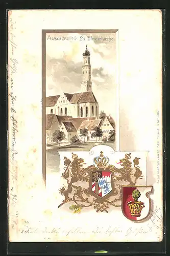 Passepartout-Lithographie Augsburg, Partie an der St. Ulrichskirche, Wappen