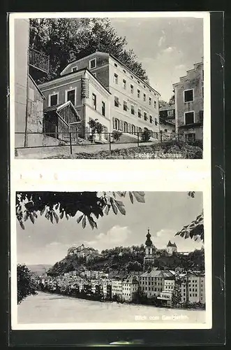 AK Ach-Burghausen a. Salzach, Gasthof Pachler`s Weinhaus und Blick auf den Ort