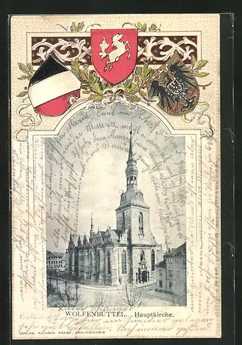 Passepartout-Lithographie Wolfenbüttel, Partie an der Hauptkirche, Wappen