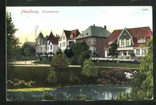 AK Flensburg, Roonstrasse mit Wohnhäusern und Teich