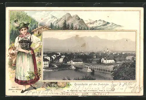 Passepartout-Lithographie Rosenheim / Inn, Ortsansicht mit Innbrücke, Dame in Trachten auf der Alm