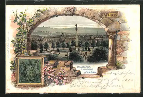 Passepartout-Lithographie Stuttgart, Neues Schloss mit Schlossplatz, Wappen und Torbogen