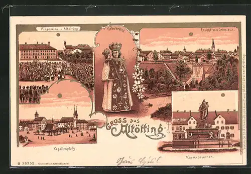 Lithographie Altötting, Ortsansicht mit Kapellenplatz, Marienbrunnen und Gnadenbild