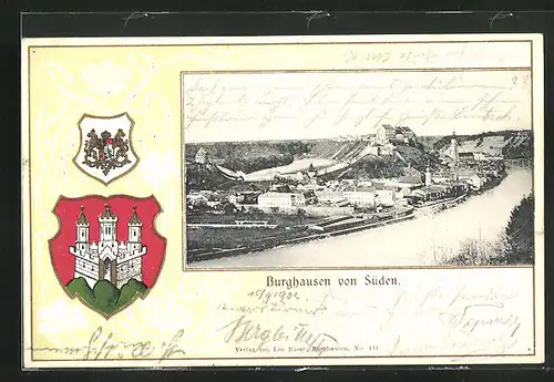 Passepartout-Lithographie Burghausen, Ortsansicht von Süden, Wappen