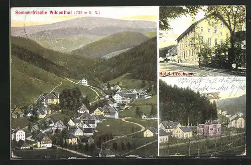 AK Wildenthal, Hotel Drechsler, Ortsansicht aus der Vogelschau