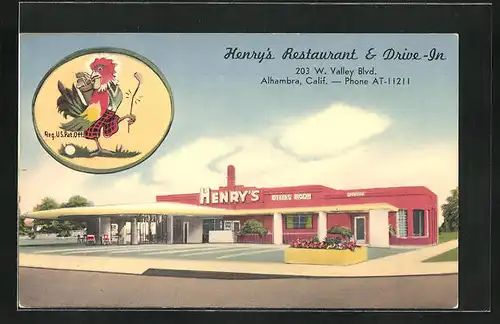 AK Alhambra, CA, Henry`s Restaurant & Drive-In, 203 W. Valley Blvd., Reg. US. Pat. Off