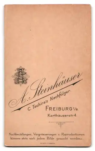 Fotografie A. Steinhäuser, Freiburg i. B., Karthäuserstr. 4, Portrait Bursche im Anzug mit Ansteckblume