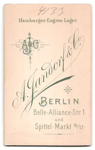 Fotografie A. Jandorf & Co., Berlin, Belle-Alliancestr. 1, Portrait Dame im hellen Kleid mit Spitzenkragen