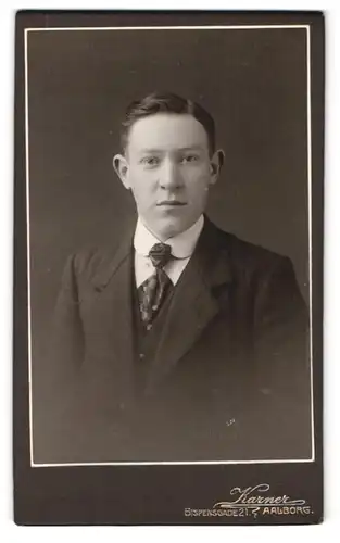 Fotografie F. Karner, Aalborg, Bispensgade 21, junger Herr im Anzug mit Krawatte