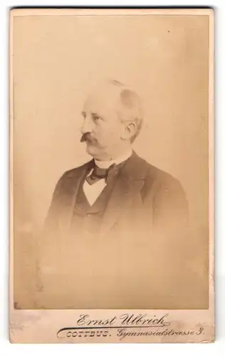 Fotografie Ernst Ulbrich, Cottbus, Gymnasialstr. 3, Portrait betagter Herrr mit Schnauzbart im Anzug