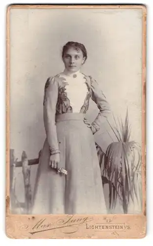 Fotografie Max Jung, Lichtenstein, Schulgasse, elegante junge Dame in hübschem Kleid