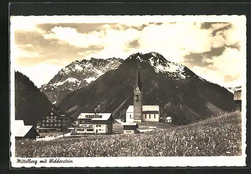 AK Mittelberg, Teilansicht mit Kirche und Widderstein