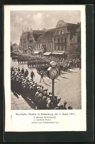 AK Insterburg, Russische Parade 1914 mit General Rennenkampf und Grossfürst Nicolai