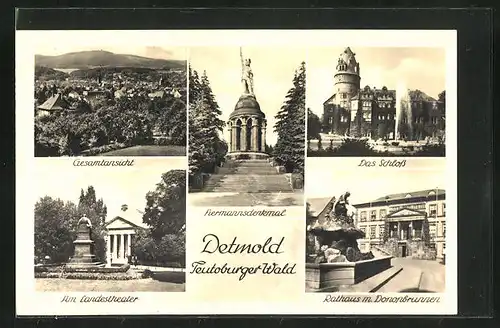 AK Detmold / Teutoburger Wald, Hermannsdenkmal, Schloss, Rathaus mit Dononbrunnen, Landestheater, Gesamtansicht