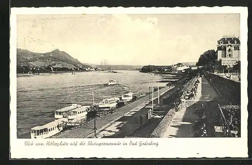 AK Bad Godesberg, Blick vom platz auf die Rheinpromenade, Ausflugsdampfer an der Anlegestelle