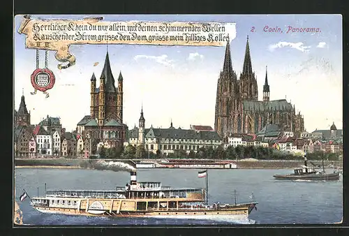 AK Köln, Panorama mit Dom, Dampfer auf dem Rhein