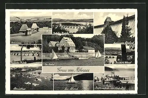AK Möhnesee, Sperrmauer, Gasthaus Der Seehof, Strandbad, Körbecker Brücke, Delecker Brücke
