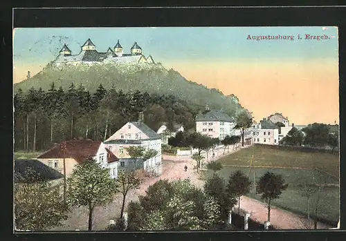 AK Augustusburg, Ortspartie aus der Vogelschau
