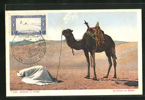 AK Araber mit Dromedar beim Gebet in der Wüste