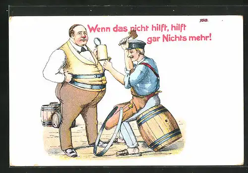 Künstler-AK Bruno Bürger & Ottillie Nr. 7513: Mann erhält Stahlriemen um den dicken Bierbauch