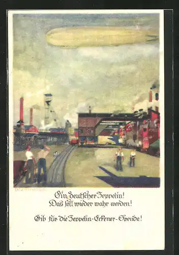 Künstler-AK Otto Amtsberg: Arbeiter auf dem Fabrikgelände erblicken einen Zeppelin