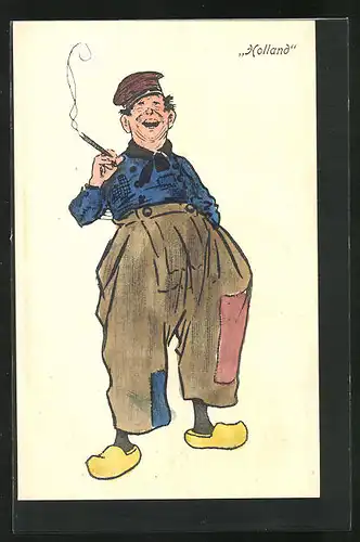 AK Niederländischer Mann mit Holzschuhen und Zigarre in der Hand