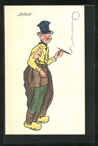 AK Niederländischer Mann mit geflickter Kleidung und Zigarre in der Hand