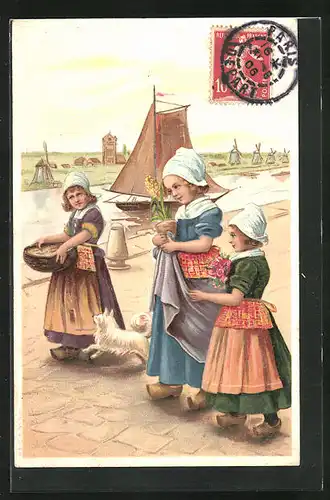 AK Niederländische Mädchen in Tracht warten im Hafen