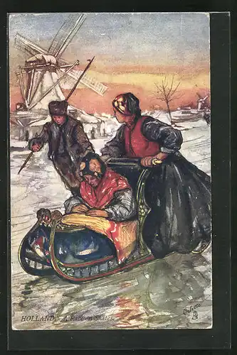 AK Niederländische Familie fährt mit dem Schlitten über das Eis