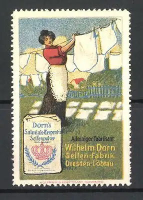 Reklamemarke Salmiak-Terpentin Seifenpulver, Seifen-Fabrik Wilhelm Dorn, Hausfrau an der Wäschenleine
