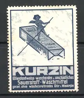 Reklamemarke Kurzin Sauerstoff-Waschmittel, Engel fährt auf einer Schachtel den schneebedeckten Berg hinab