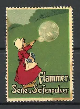 Reklamemarke Flammer Seife und Seifenpulver, niederländisches Mädchen bläst eine Seifenblase