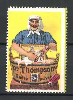 Reklamemarke Dr. Thompson's Seifenpulfer, Hausfrau am Waschfass