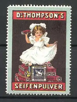 Reklamemarke Dr. Thompson's Seifenpulver, Mädchen sitzt auf einem Stapel Seifenpulver