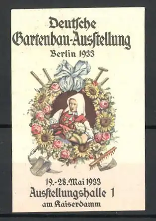 Reklamemarke Berlin, Deutsche Gartenbau-Ausstellung 1933, Bäuerin im Blumenkranz